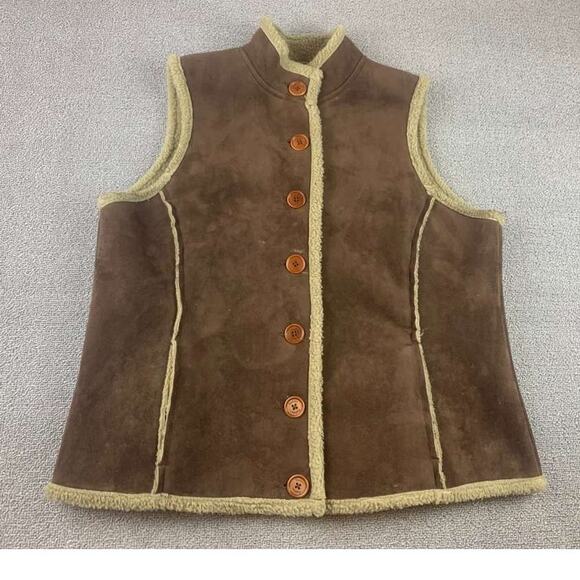 Boden Vest Women Large Faux Suede Shearling Lined Button Closure Brown - Picture 1 of 12